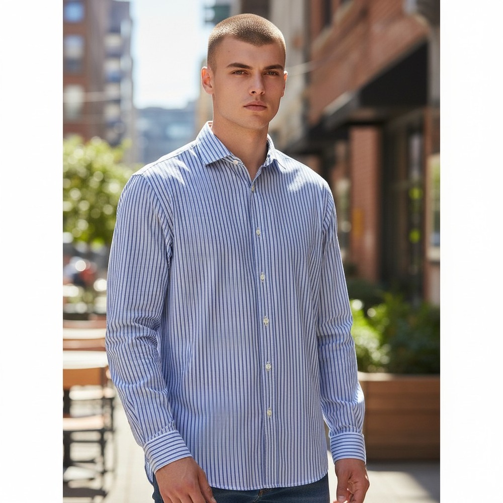 Banana Republic Dress Shirt M Blue Grey Excellent Non Iron Slim Fit Striped